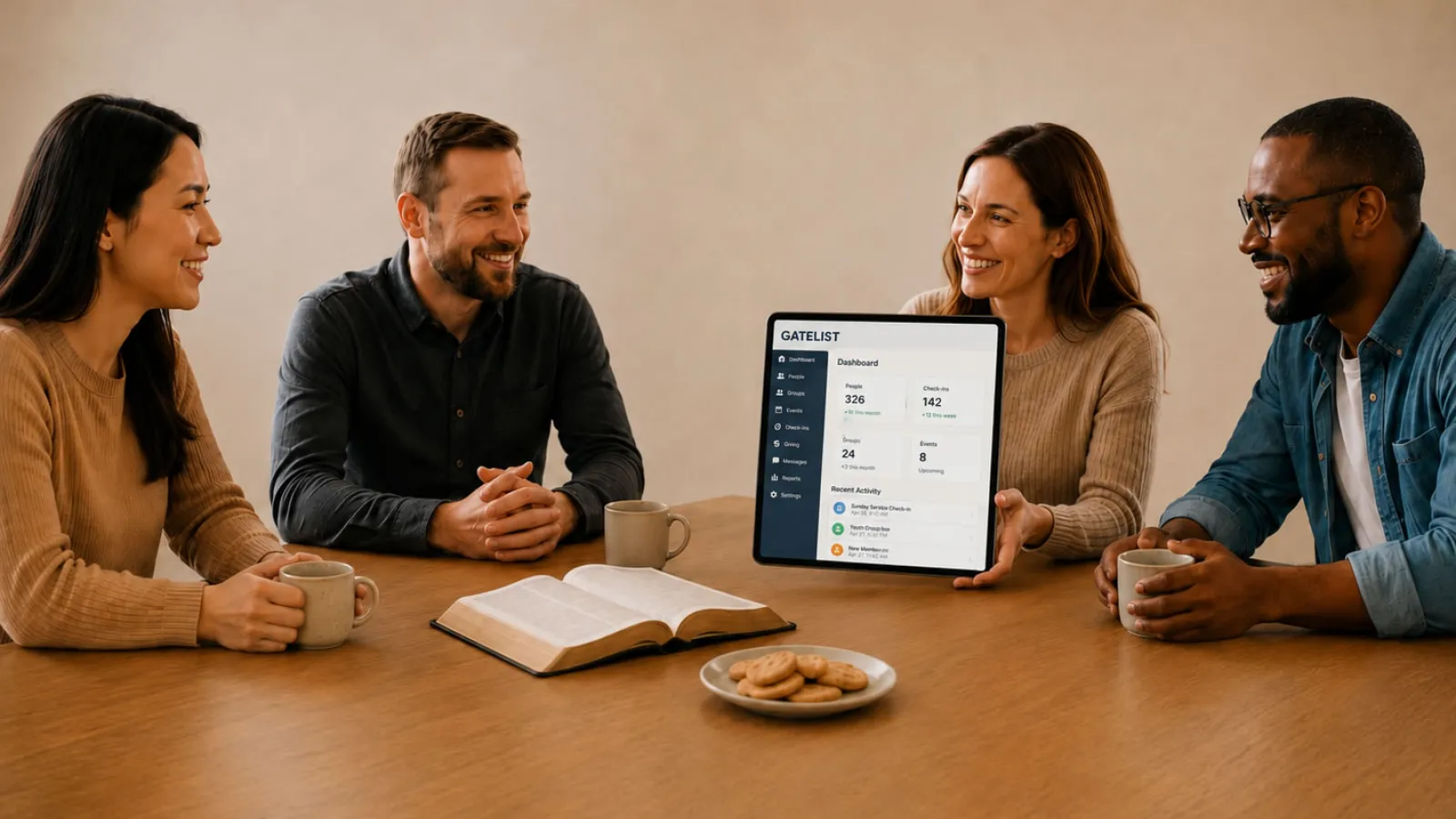 A church team around a table, smiling and looking at Gatelist on a tablet.