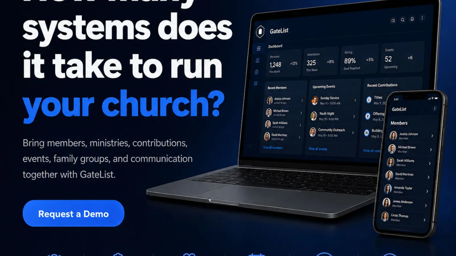 How many systems does it take to run your church? Bring members, ministries, contributions, events, family groups and communication together with Gatelist.